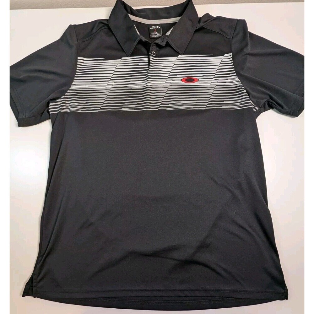 Oakley Golf Polo Shirt Black With Chest Strips Red Oakley Label Size Large